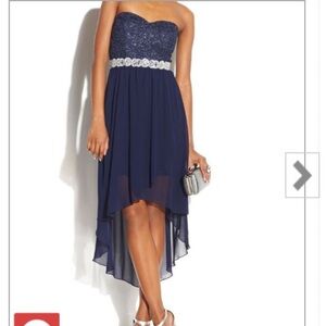 CITY STUDIO Strapless Sz 9 Navy Sparkly Rhinestone Belted High Low Formal Dress‎